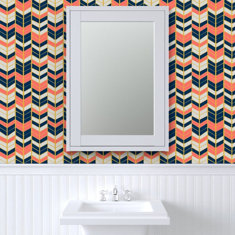 Herringbone Wallpaper Coral & Navy Herringbone by Artscarves Etsy