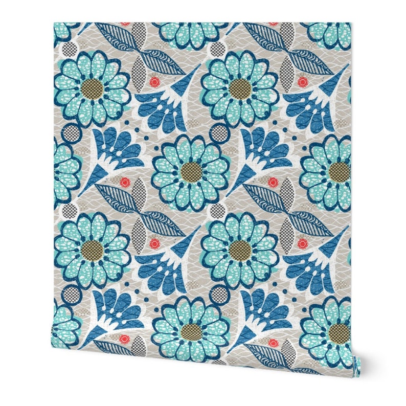 Blue Floral Wallpaper Blooming Blue Flowers by Ottomanbrim Etsy