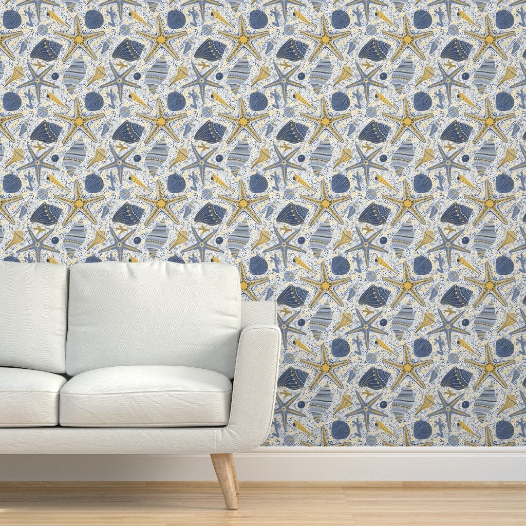 Mustard Navy Shells Wallpaper Seashells by julia_gosteva Etsy