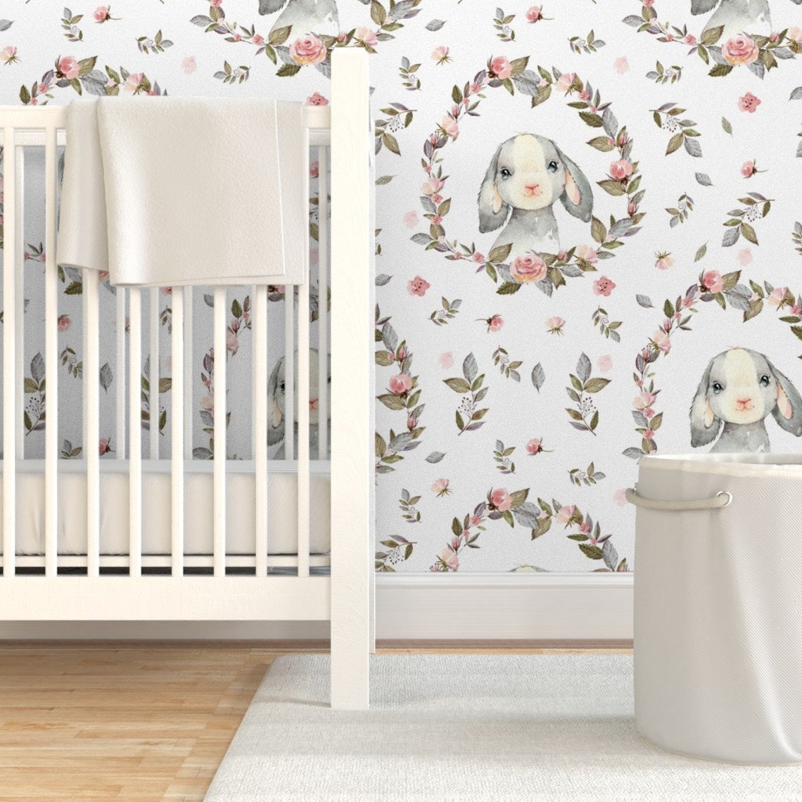 Boho Bunny Wallpaper Pink Bunny Free Falling Flowers by | Etsy