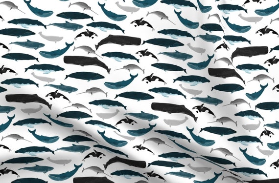 Whales by andrea/_lauren Whale Tea Towel Narwhal Orca Nautical Ocean Animal Illustration Linen Cotton Canvas Tea Towel by Spoonflower