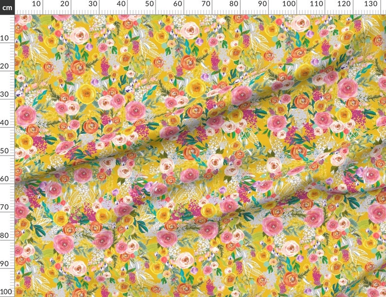 Mustard Yellow Floral Fabric Autumn Blooms Painted by Etsy
