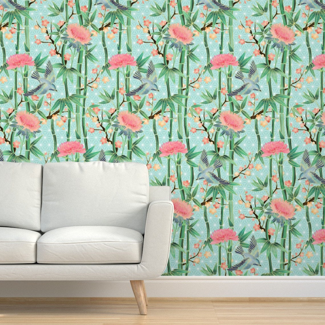 Bamboo Wallpaper Bambo Birds and Blossoms on Soft Blue by | Etsy