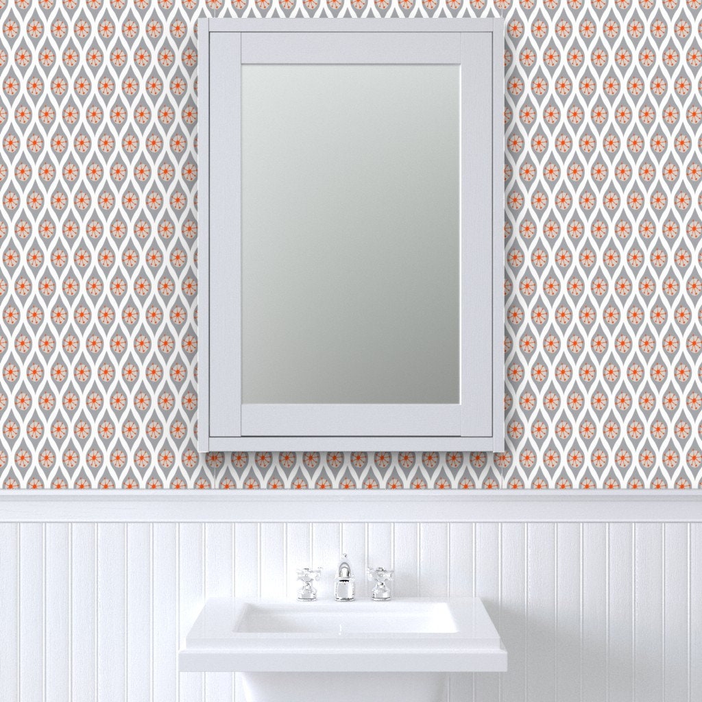 Floral Wallpaper Modern Gray And Orange By Emilyannstudio Etsy