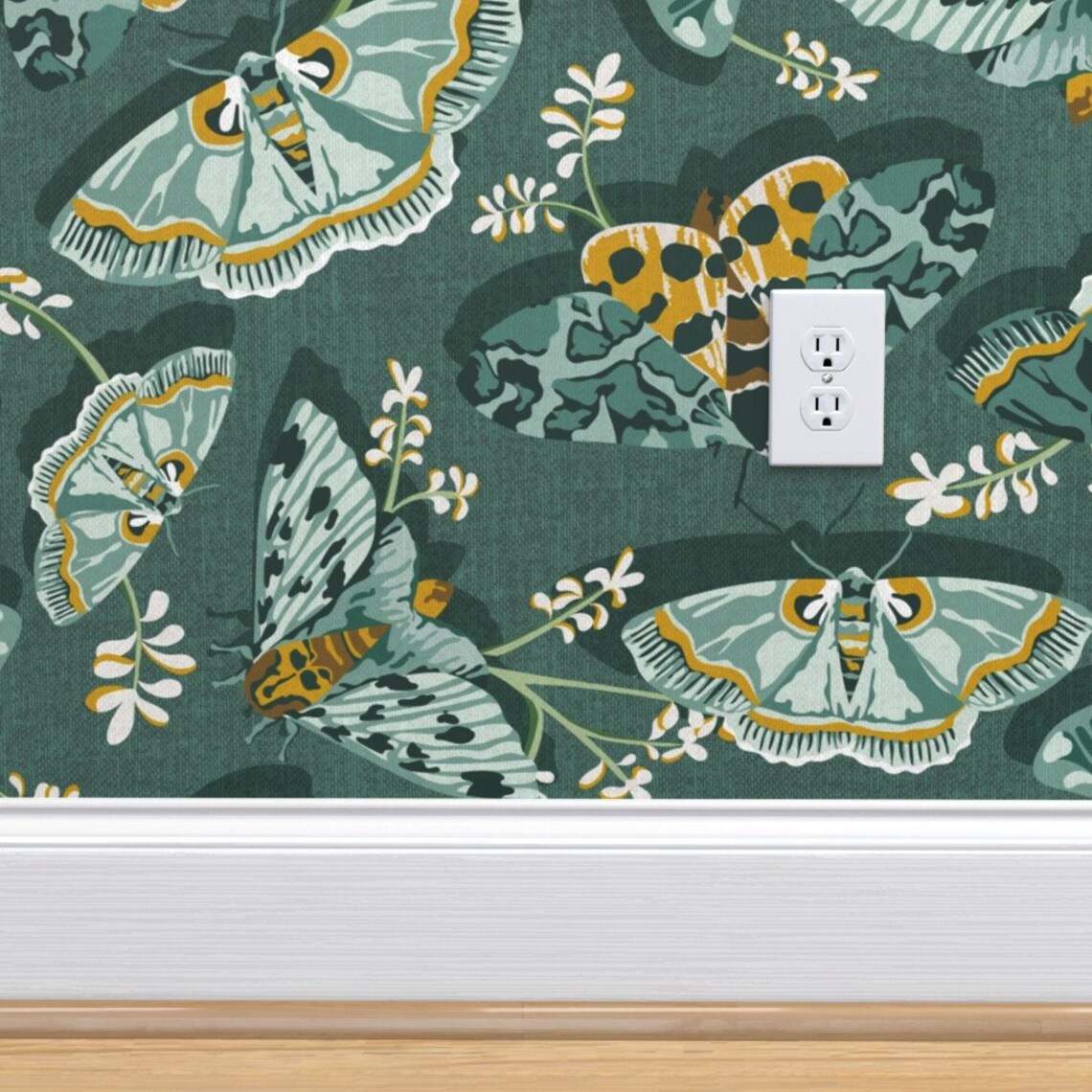 Teal Moths Wallpaper Gathering Moths by heatherdutton Gold | Etsy