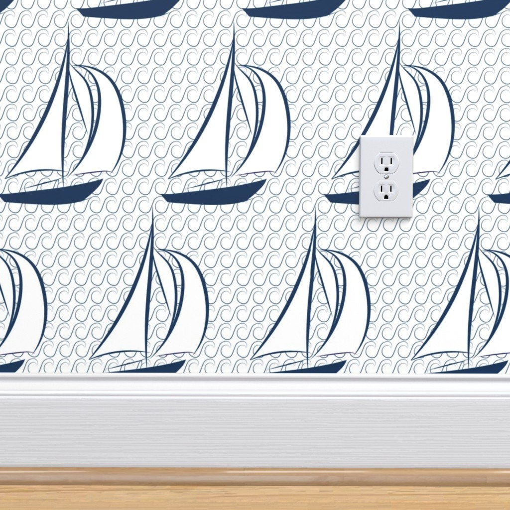 Nautical Wallpaper Nautical Boat Sailing Navy By | Etsy
