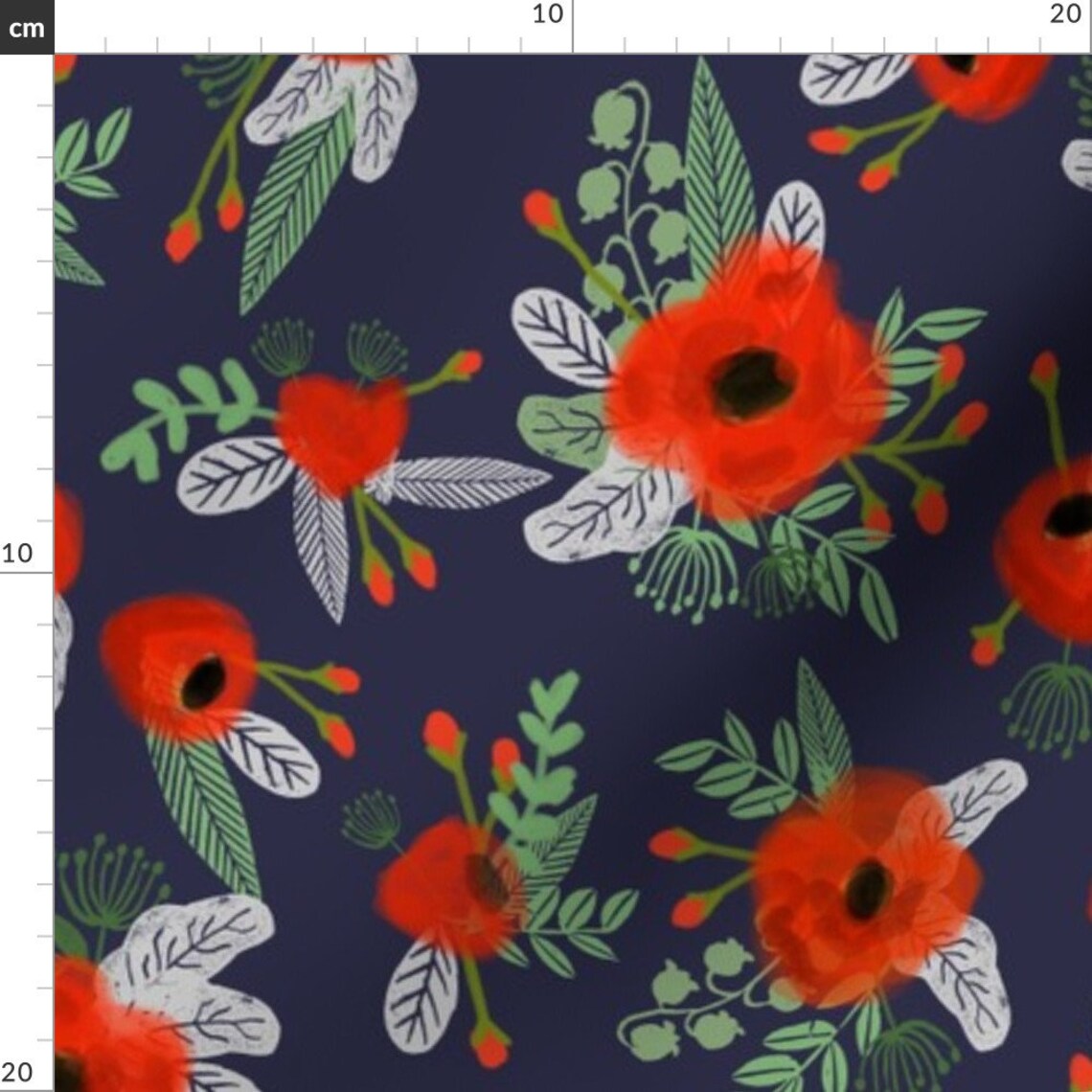 Poppy Fabric Poppies Floral Fabric Dark Navy By Etsy