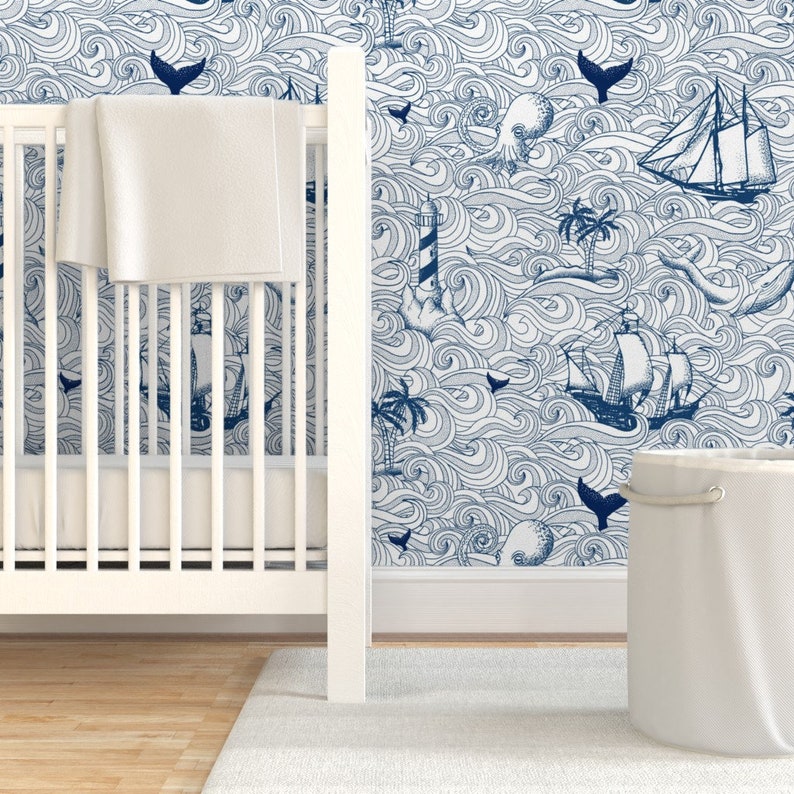 Blue White Nautical Wallpaper Vintage Nautical by Etsy