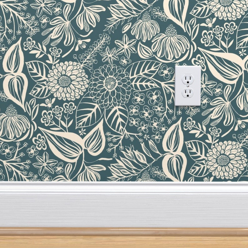 Dark Teal Floral Wallpaper Bee Garden by elizabethhalpern Etsy