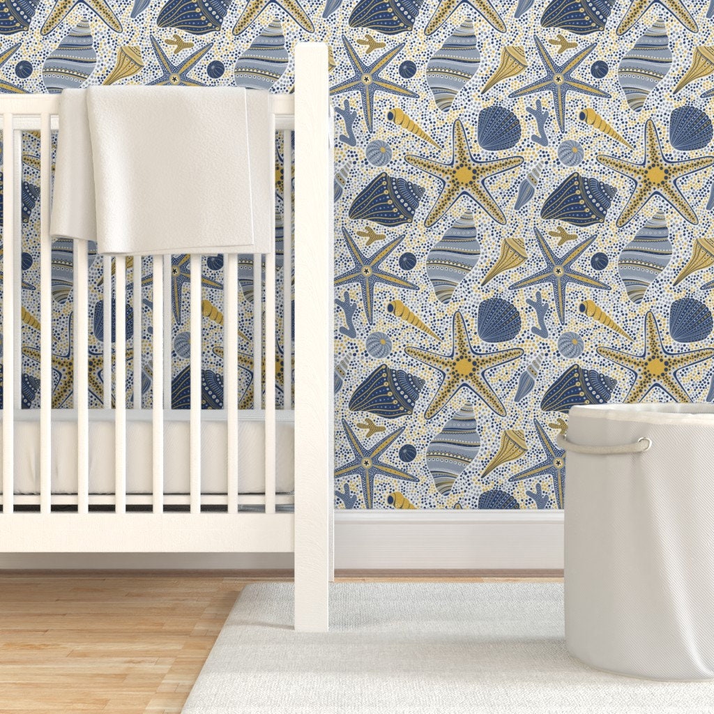Mustard Navy Shells Wallpaper Seashells by julia_gosteva Etsy