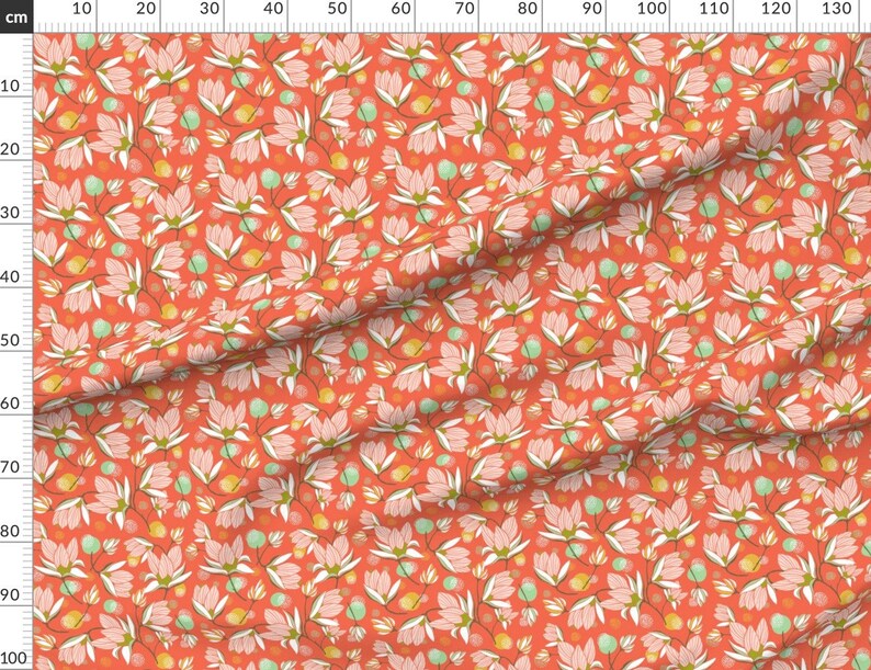 Magnolia Flowers Fabric Magnolia Blossom Floral Red By Etsy