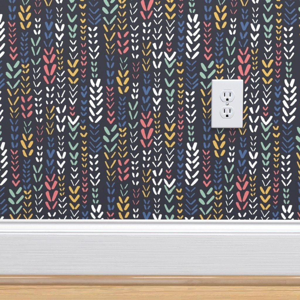 Mustard Navy Chevron Wallpaper Cascade navy by leanne Etsy