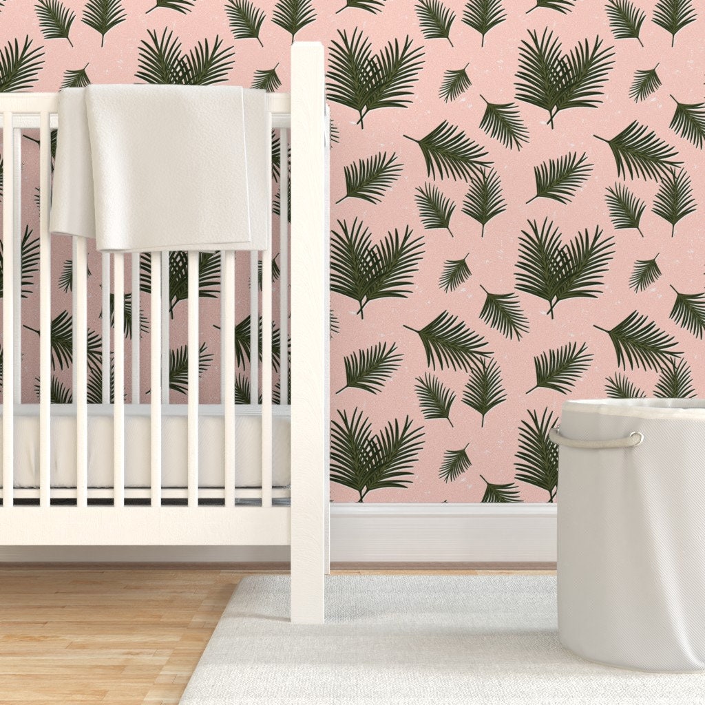 Tropical Wallpaper Green Palm Leaves on Pink by Etsy