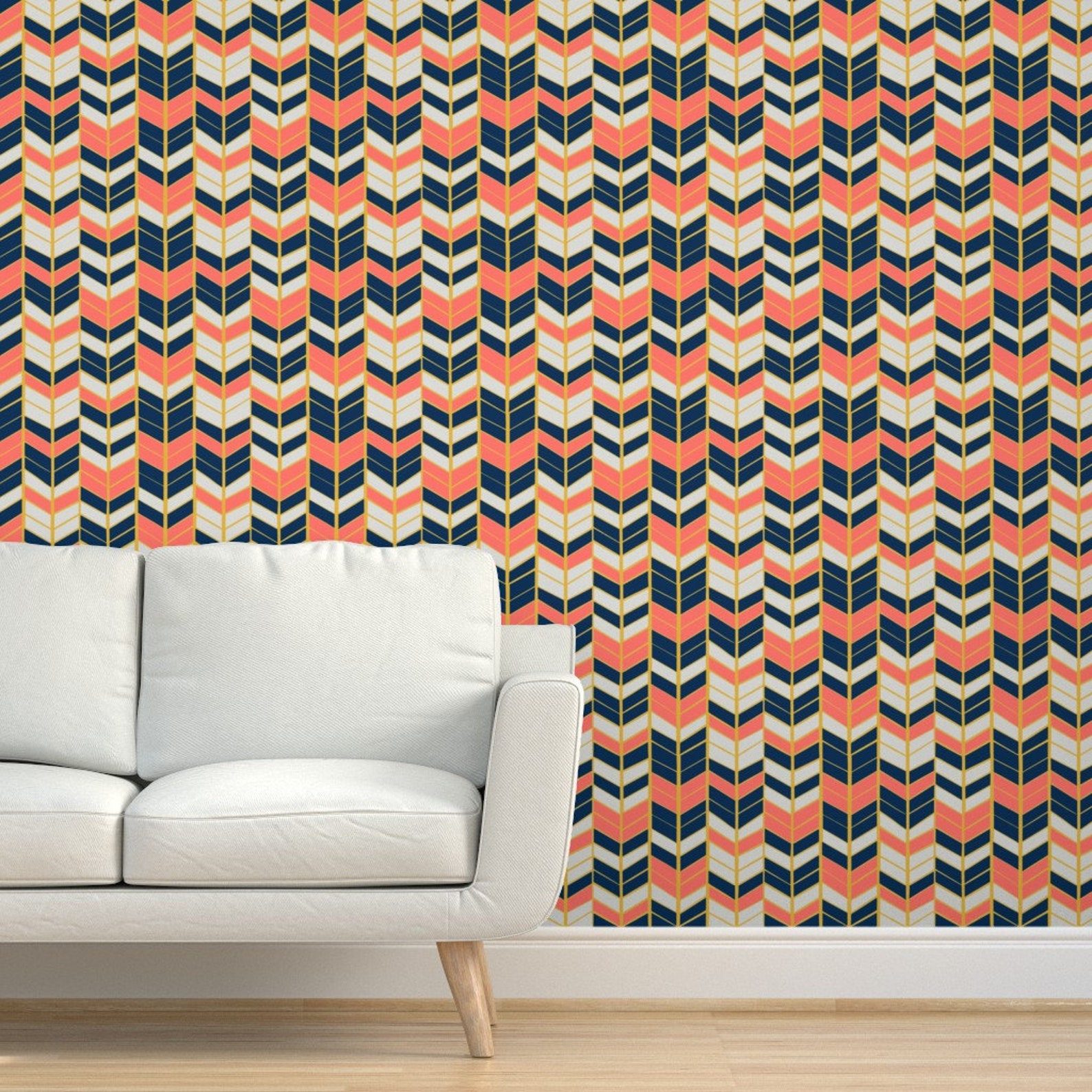 Herringbone Wallpaper Coral & Navy Herringbone by Artscarves Etsy