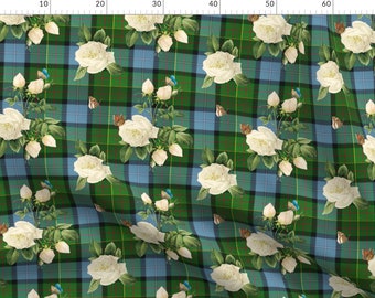 Tartan Rose Fabric - Caledonian Floral Tartan By Lilyoake - Scottish Plaid Green Blue White Rose Cotton Fabric By The Metre by Spoonflower