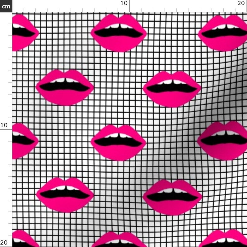 Lips Fabric Love Lips Lipstick Grid Pink Black White Grid Etsy