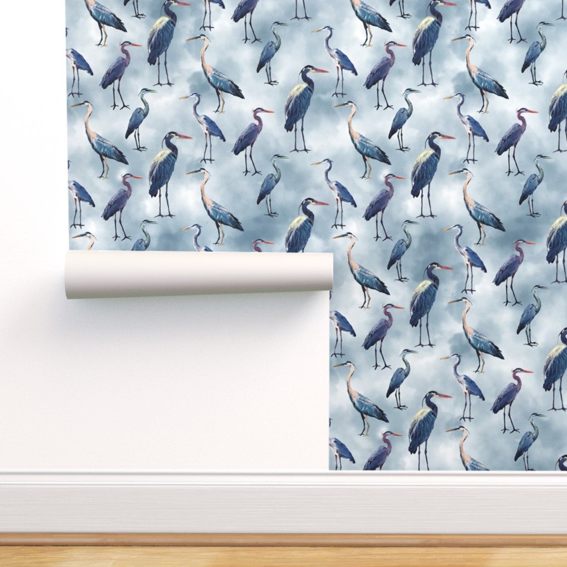 Heron Wallpaper Blue Herons On Blue By Lauriekentdesigns Etsy