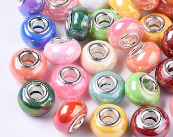 100/Pc Pearlized 14mm Resin iridescent solid colors large 5mm hole European bead mix random pick Color Fit most European charm bracelets