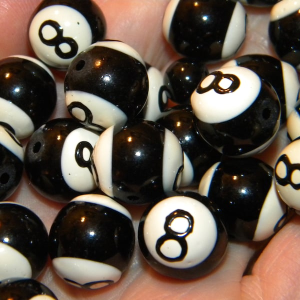 New 20/pc hand painted Black/White POOL billiards 8 ball Size: 13.5x15mm round 1.5mm Holes beads Glass beads *FREE Shipping*