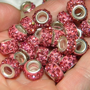 NEW 20/Pc large hole European Rose Pink Paved Crystal charm beads lot 5.0mm Hole Fit most European charm bracelets, pens, garden steak (DP)