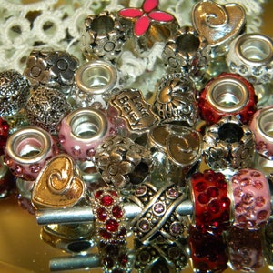 New 32/Pc Pink/Red/white Silver Valentines day European spacer beads 12-14mm Paved rhinestone, crystal, enamel METAL lot large 5.0mm hole