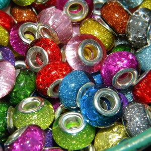 NEW 30/Pc large hole Holographic glitter European beads lot mixed random picked Quality RESIN 5.0mm Holes Fit most European charm bracelets