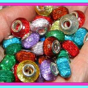 NEW 50/Pc FACETED large hole Holographic glitter European beads lot mixed random pick RESIN 5.0mm Holes Fit most European charm bracelets