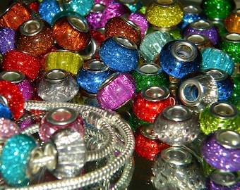 NEW 100/Pc large hole Holographic glitter European beads lot mixed random picked Quality RESIN European charm spacer beads lot
