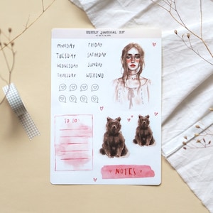Foglio di adesivi "La ragazza e l'orso"/Kit settimanale Bullet Journal