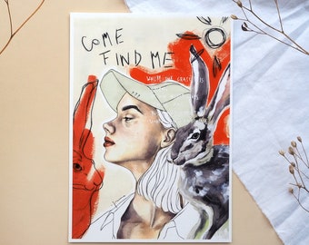 Art Print "Find Me" | Illustration Painting Portrait Woman Rabbit Wall Art