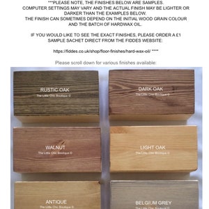 May include: A wood finish guide showing different colors of wood stain and wax. The colors include Rustic Oak, Dark Oak, Walnut, Light Oak, Antique, Belgium Grey, and Clear Wax. The guide is from The Little Chic Boutique.