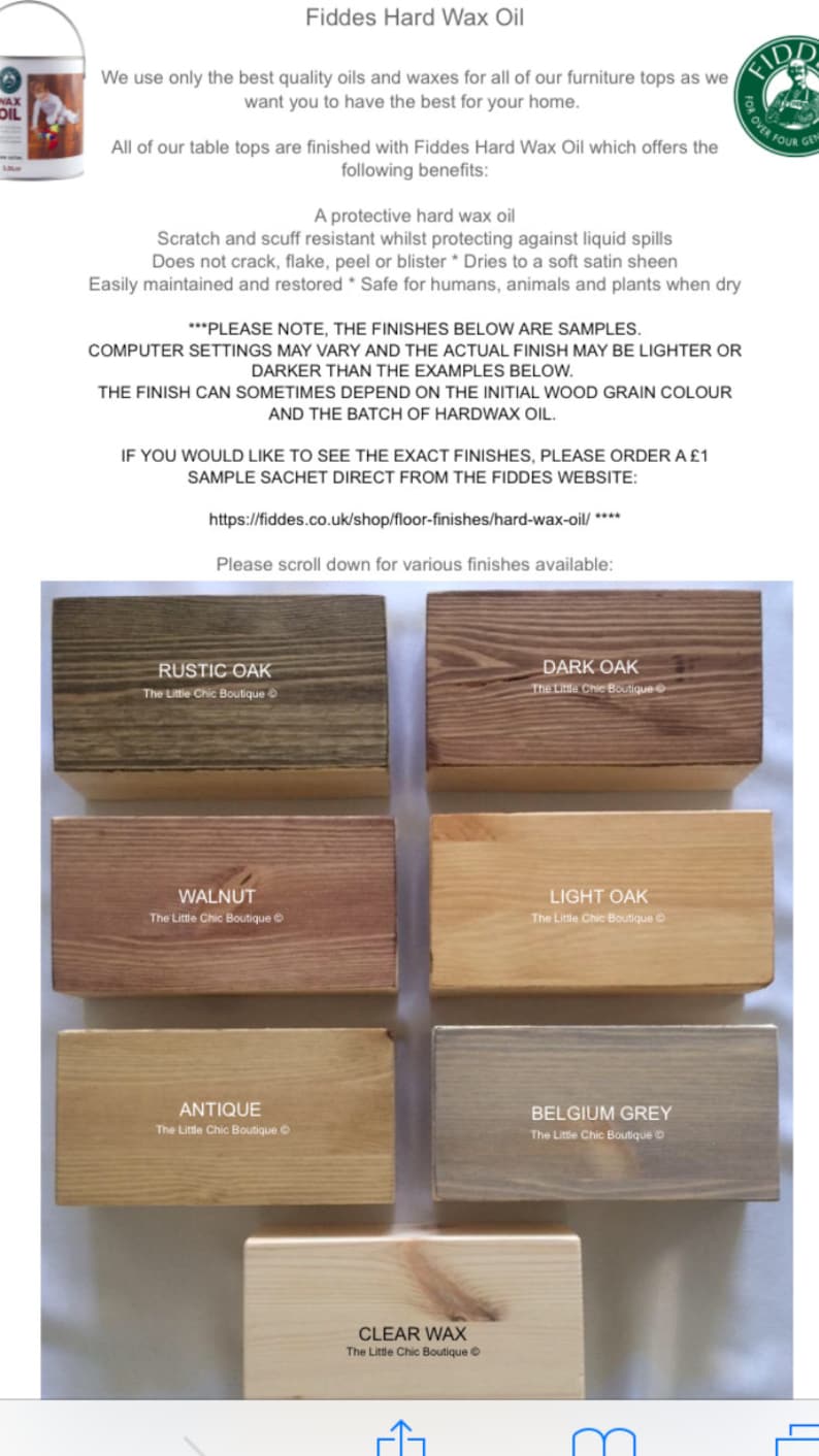 May include: A wood finish guide showing different colors of wood stain and wax. The colors include Rustic Oak, Dark Oak, Walnut, Light Oak, Antique, Belgium Grey, and Clear Wax. The guide is from The Little Chic Boutique.