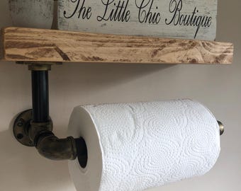 Handcrafted steampunk solid wood kitchen shelf paper towel rail holder 3/4’’ steel elbow pipe brackets. Industrial. 2 tone brushed gold.