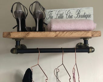 Handcrafted steampunk solid wood clothes rail 3/4’’ steel elbow pipe brackets. Industrial. Vintage 2 tone brushed gold.