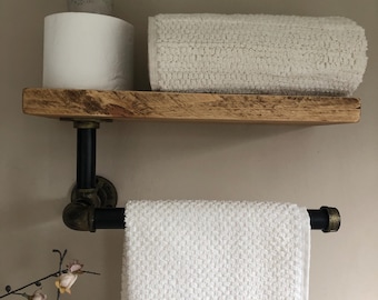 Handcrafted steampunk solid wood bathroom shelf towel rail holder 3/4’’ steel elbow pipe brackets. Industrial. 2 tone brushed gold.