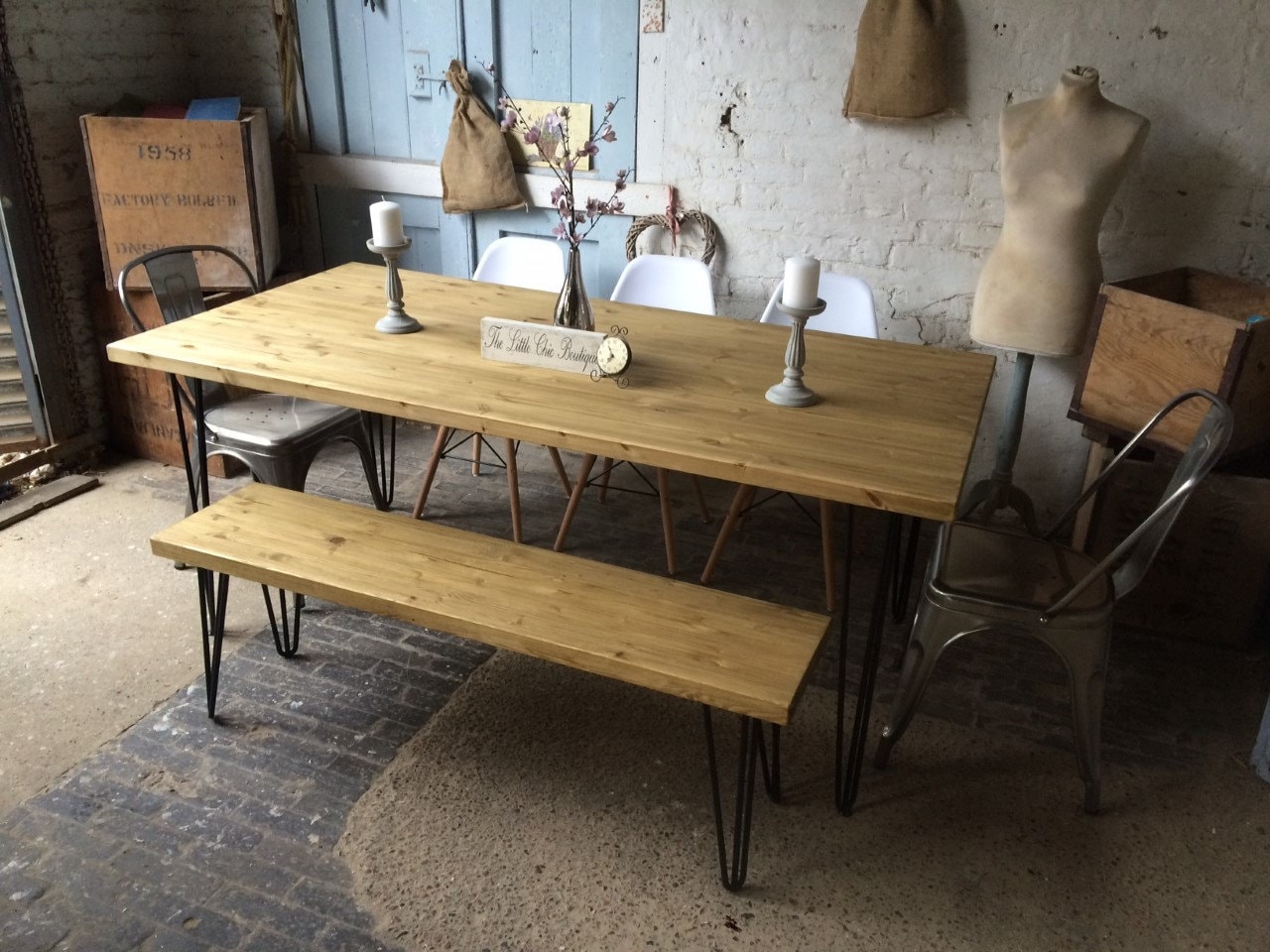 5ft Set Dining Industrial HAIRPIN LEGS Dining Table and Bench and