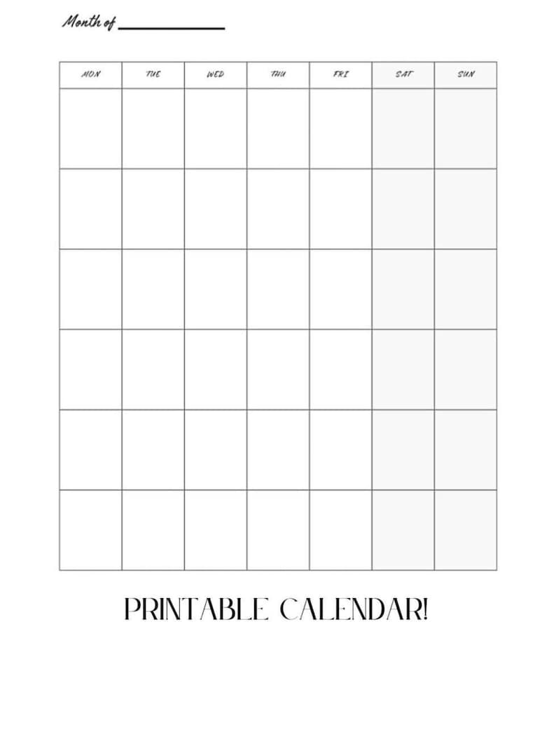 Printable Tue Blank Monthly Calendar - Etsy