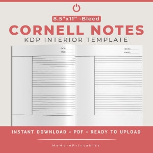 May include: A printable template for Cornell Notes, designed for use with Kindle Direct Publishing (KDP). The template is 8.5 inches by 11 inches and includes a bleed area. The template features a blank space for notes, a section for keywords, and a section for summaries. The template is ready to download and upload to KDP.