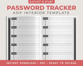 Password Tracker, KDP Interior Template, Low Content Book Template, 8.5"x11" and 5"x8", 106 Pages