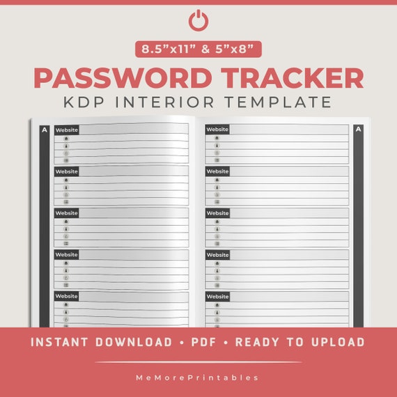 Password Tracker, KDP Interior Template, Low Content Book Template, 8.5"x11" and 5"x8", 106 Pages