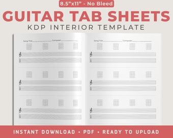 May include: A printable guitar tab sheet template for Kindle Direct Publishing (KDP) interior. The template is 8.5 inches by 11 inches and has no bleed. The template includes spaces for the song title, composer, and guitar tab.
