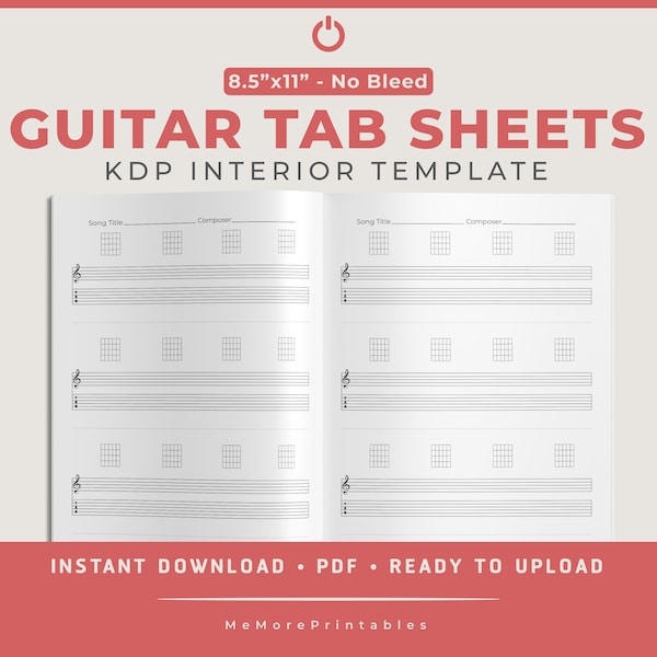 Guitar Sheet Music (No Bleed Design) - (8.5"x11"), KDP Interior Template, Low Content Interior, 120 Pages