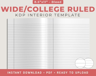 May include: A printable template for a wide ruled college notebook, with a white background and black lines. The template is 8.5 inches by 11 inches and includes bleed.