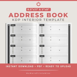 Op de afbeelding: Een zwart-witte printbare adresboek sjabloon voor Kindle Direct Publishing (KDP) interieur. De sjabloon is ontworpen voor boeken van 8,5 x 11 inch en 5 x 8 inch. De sjabloon bevat ruimte voor naam, adres, telefoonnummer en e-mailadres.