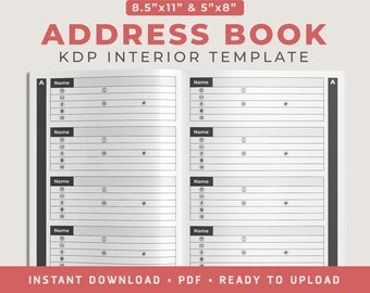 Address Book Template, KDP Interior Template, Low Content Book Template, 8.5"x11" and 5"x8", 106 Pages