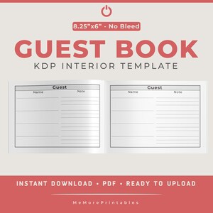 Guest Book Template - (No Bleed Design) - (8.25&quot;x6&quot;), KDP Interior Template, Low Content Interior, 120 Pages