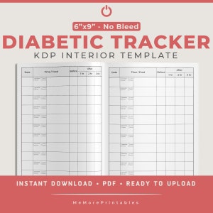 Puede incluir: Una plantilla de seguimiento diabético imprimible en blanco y negro para un interior KDP de 15,24 x 22,86 cm. La plantilla tiene columnas para la fecha, la hora/la comida, antes, 1 hora, 2 horas y 3 horas. El texto "DESCARGA INSTANTÁNEA - PDF - LISTO PARA CARGAR" está en la parte inferior de la página.
