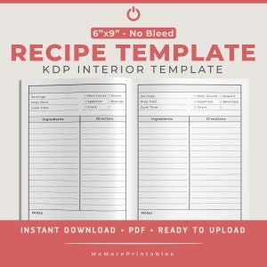 Recipe Template - (No Bleed Design) - (6&quot;x9&quot;), KDP Interior Template, Low Content Interior, 120 Pages