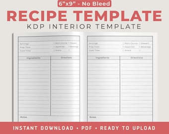 Recipe Template - (No Bleed Design) - (6"x9"), KDP Interior Template, Low Content Interior, 120 Pages