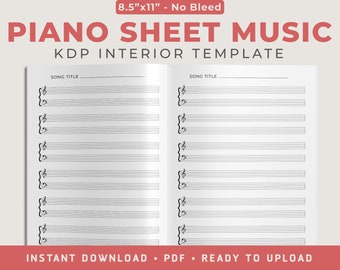 May include: A printable piano sheet music template for Kindle Direct Publishing (KDP) interior. The template is 8.5 inches by 11 inches and has no bleed. The template has two pages with treble clefs and lines for writing music.
